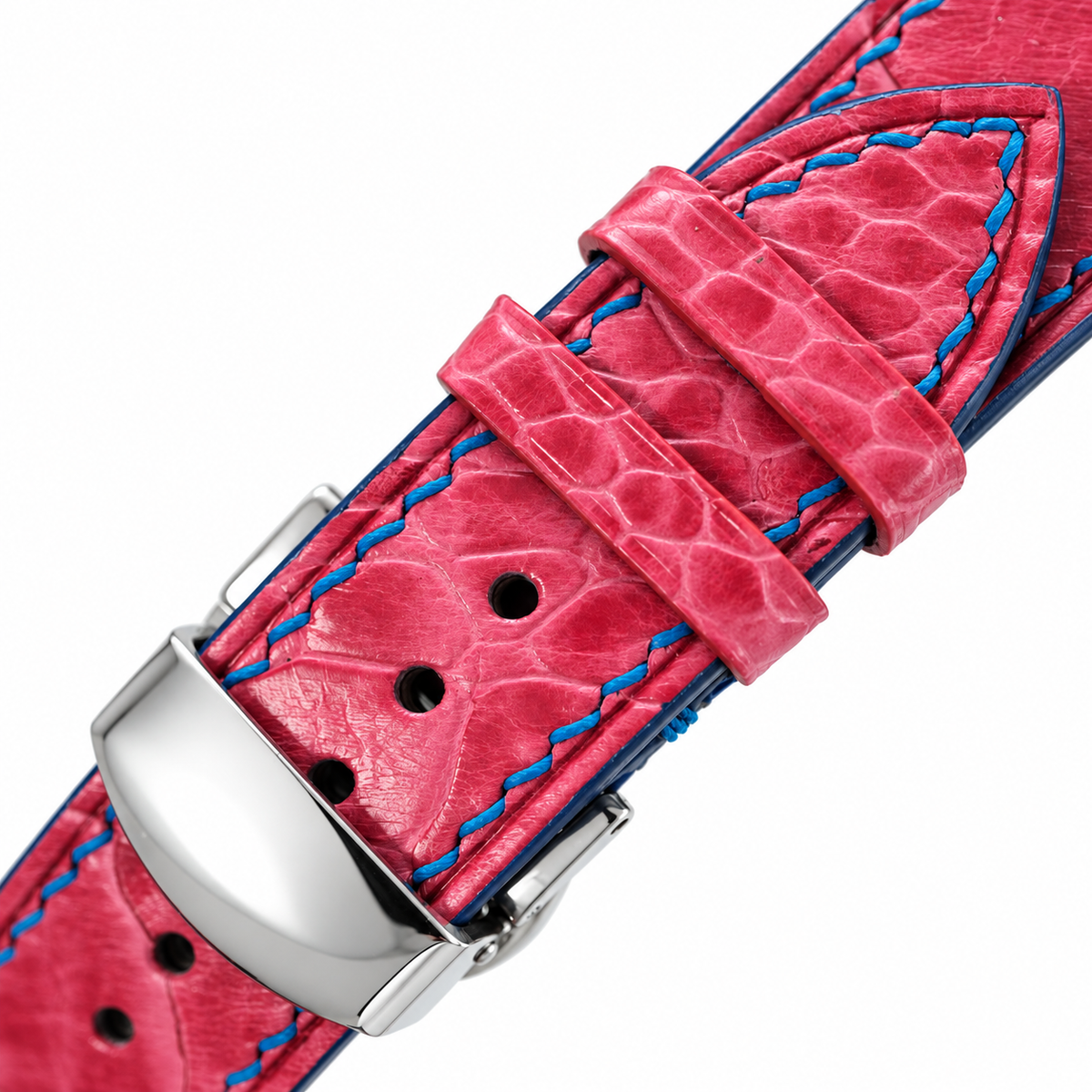 Pink Ostrich Leg Leather Watch Strap - keepers and clasp detail
