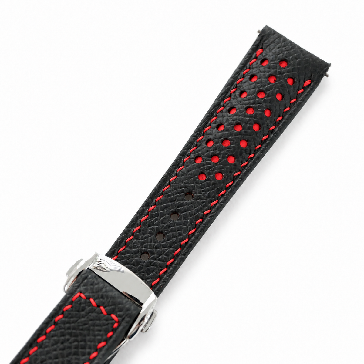 Deployant Racing Rally Black and Red Epsom Leather Watch Strap - racing holes red underlay macro