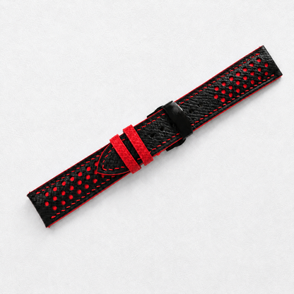 Black and Red Racing Holes Rally Epsom Leather Watch Strap - Red Keeper - racing holes red underlay macro