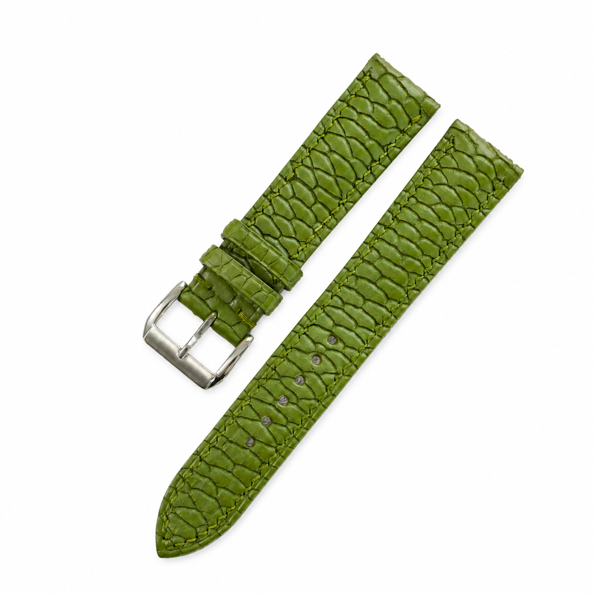 Olive green beaver tail watch strap, both halves with keepers and brushed steel buckle