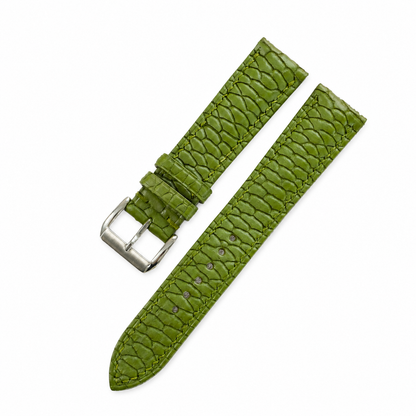 Olive green beaver tail watch strap, both halves with keepers and brushed steel buckle