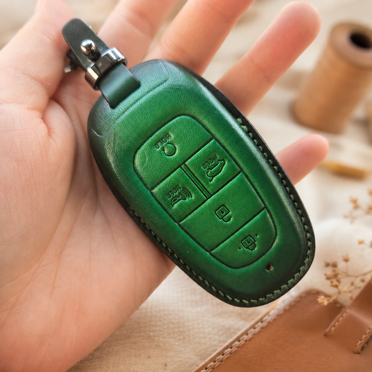Hyundai Tucson green leather smart key fob cover handmade