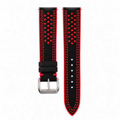 Black and Red Racing Holes Rally Swift Leather Watch Strap - Double Stitch - hero