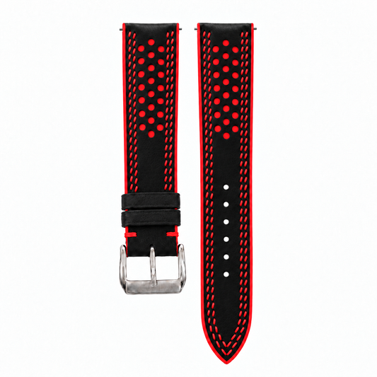 Black and Red Racing Holes Rally Swift Leather Watch Strap - Double Stitch - hero