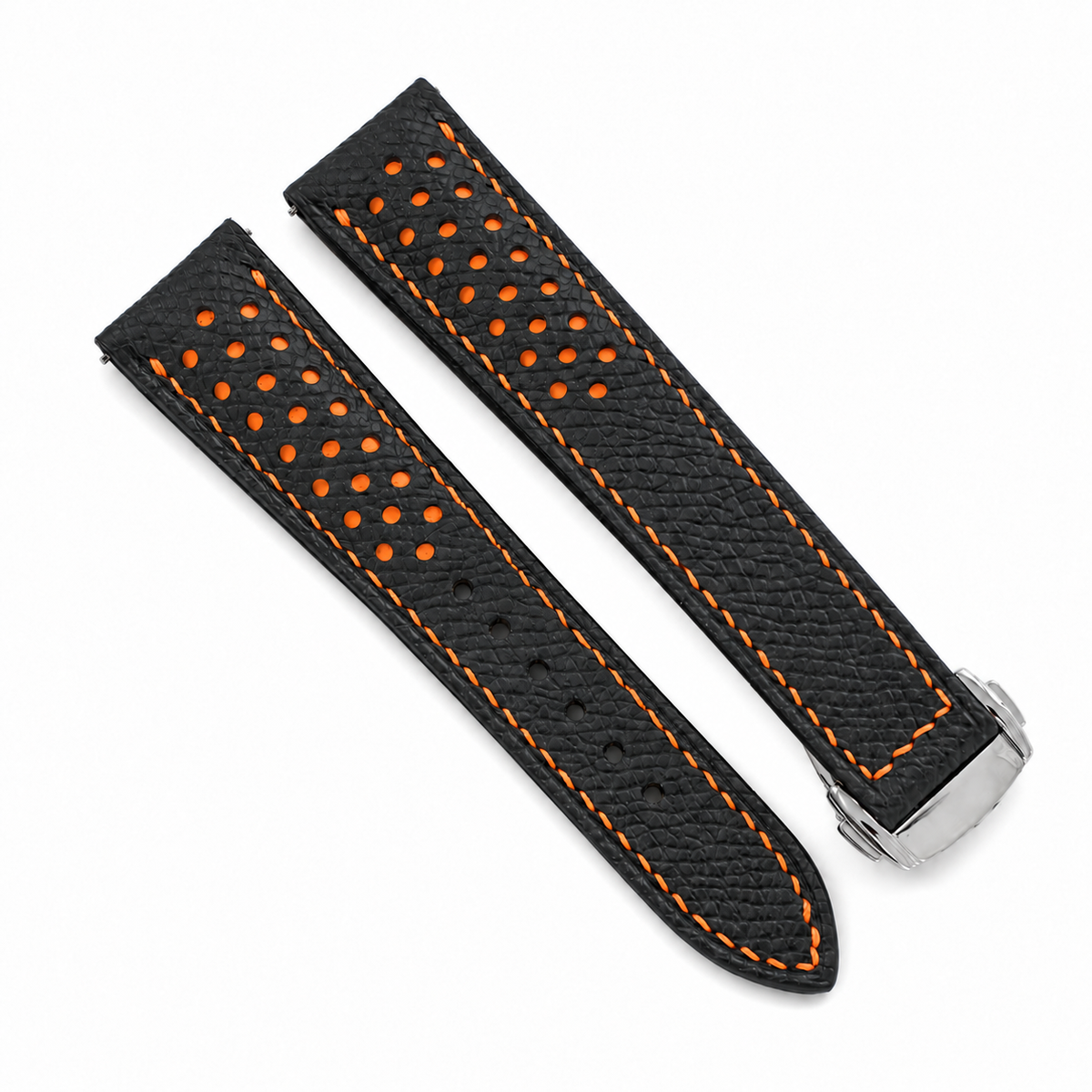 Deployant Racing Rally Black and Orange Epsom Leather Watch Strap - two piece diagonal