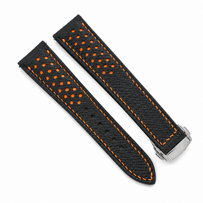 Deployant Racing Rally Black and Orange Epsom Leather Watch Strap - two piece diagonal