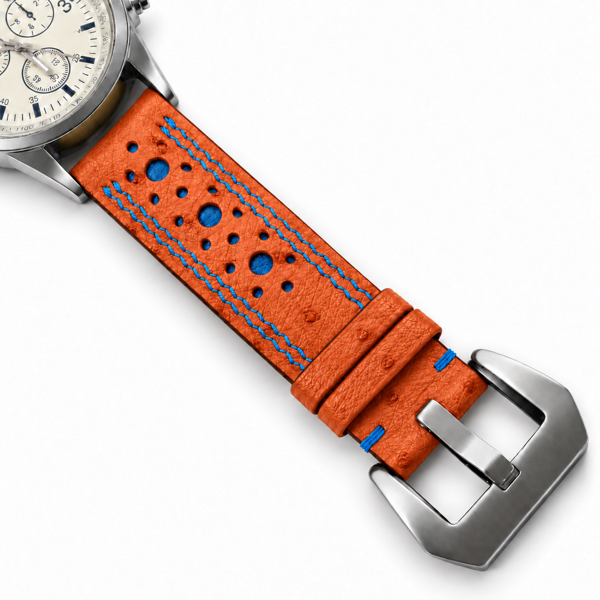 Orange and Blue Ostrich Racing Large Holes Leather Watch Strap - Double Stitch - detail 8