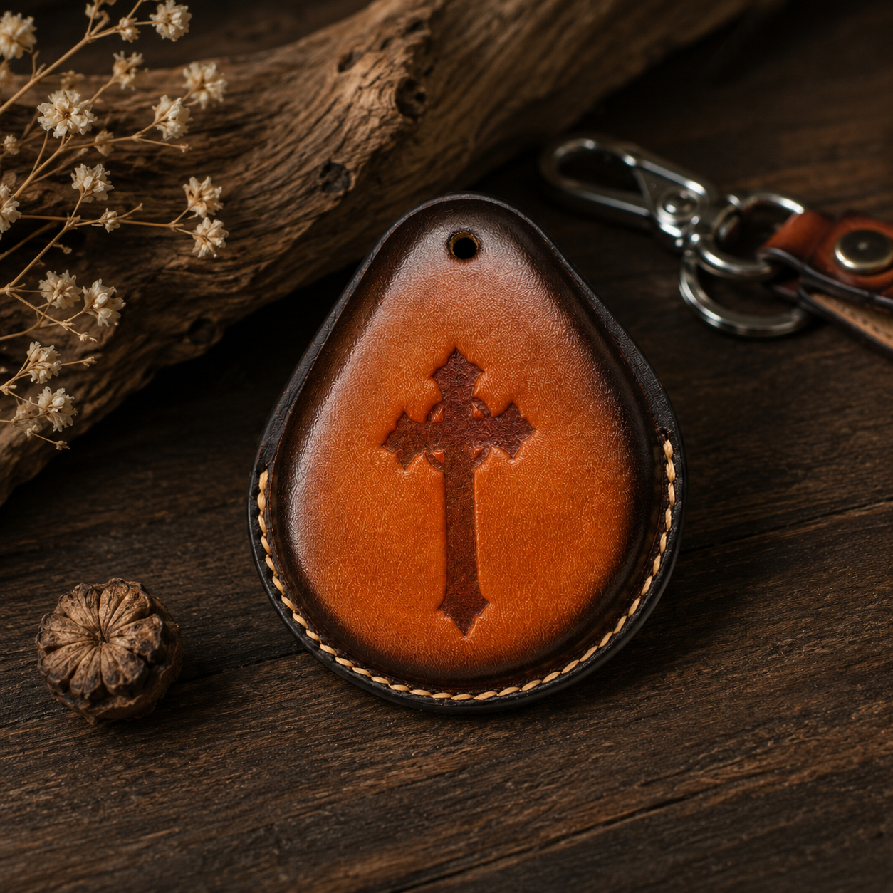 Harley-Davidson Low Rider leather key fob cover with hand-tooled cross