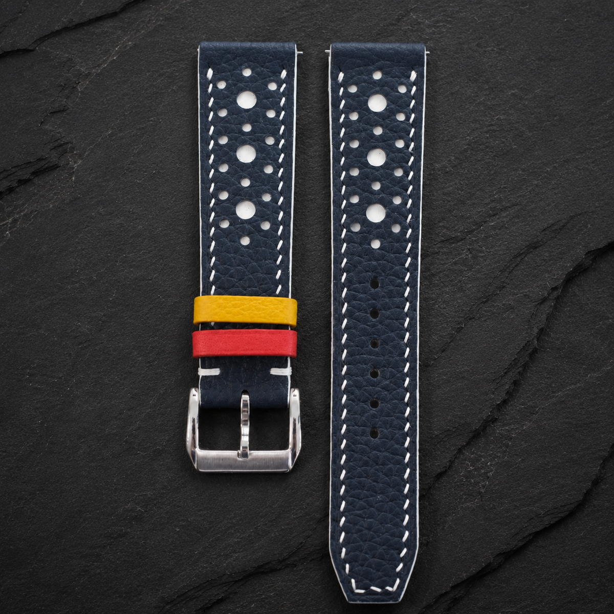 Navy and white large-hole racing rally Togo watch strap, both halves showing white contrast stitching