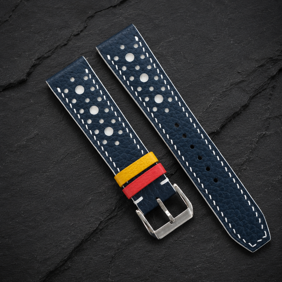 Navy and white large-hole racing rally Togo watch strap, full length with pilot tail and white stitching