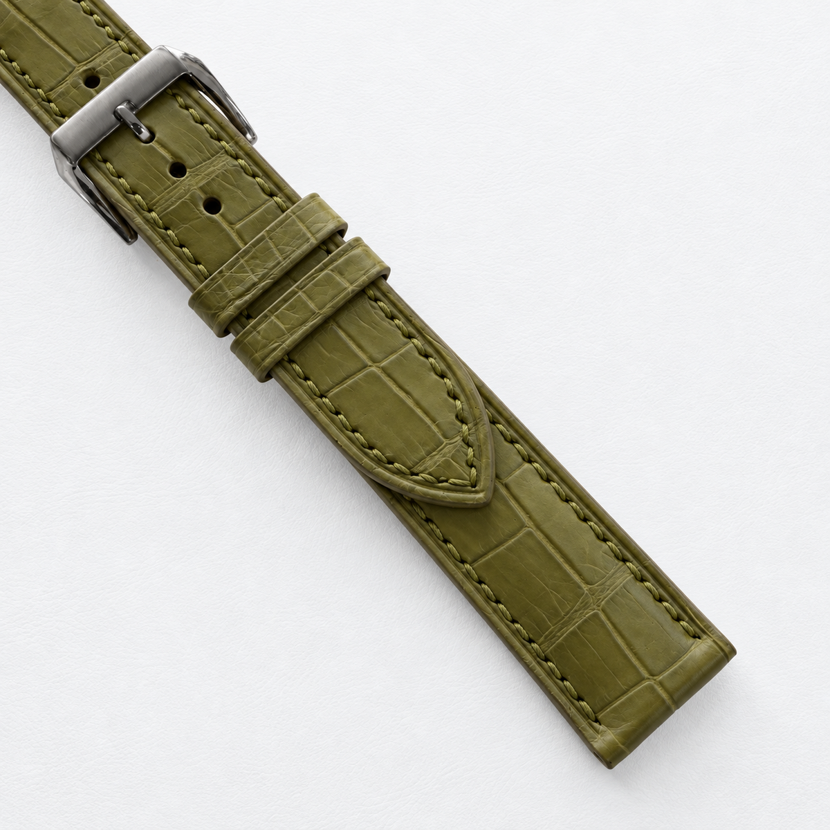 Olive Alligator Leather Watch Strap - Tonal Stitch - side profile detail