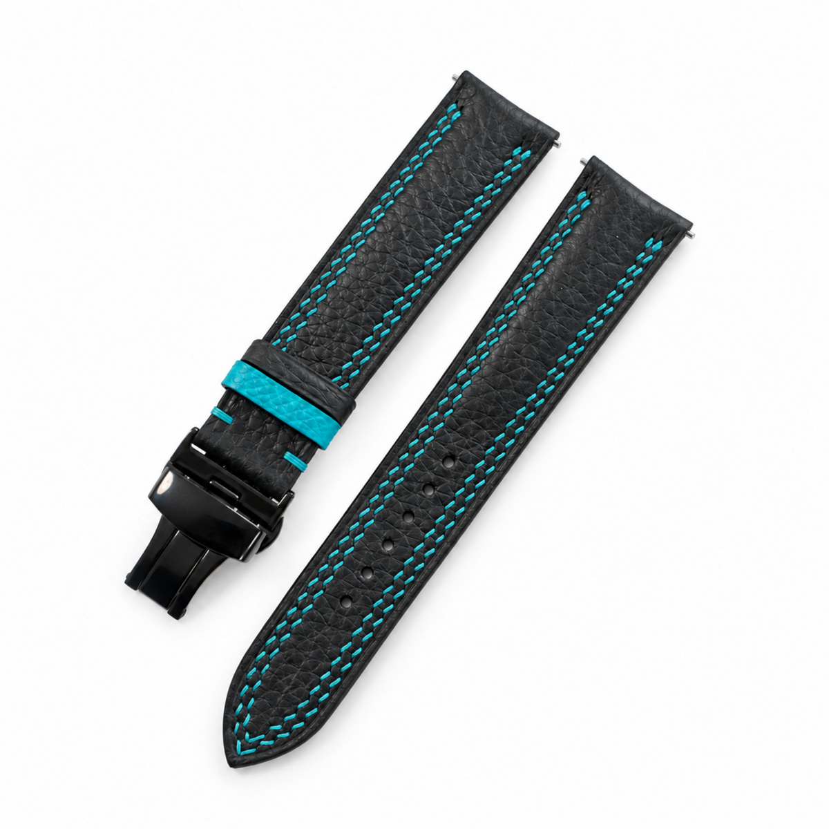 Black Togo Turquoise Double Stitch Leather Watch Strap - two piece diagonal