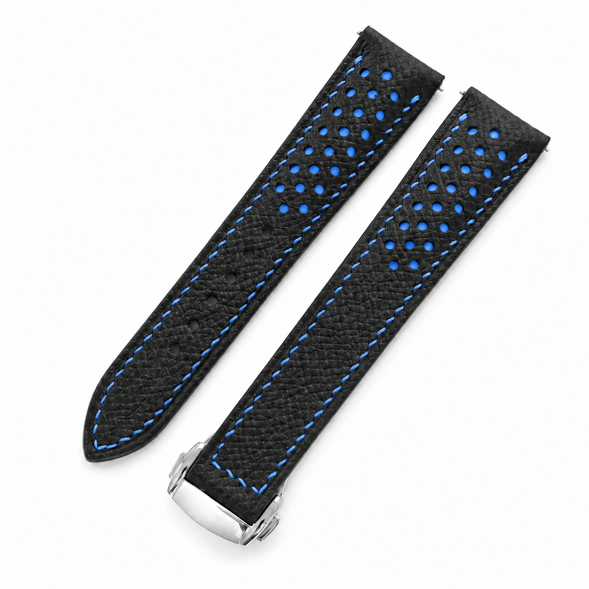 Deployant Racing Rally Black and Blue Epsom Leather Watch Strap - racing holes blue underlay macro