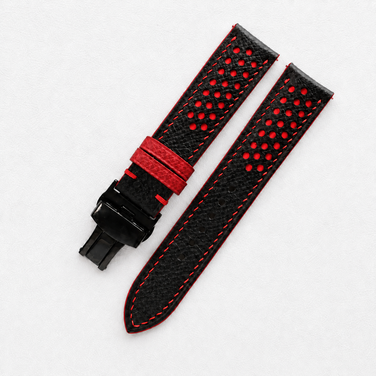 Black and Red Racing Holes Rally Epsom Leather Watch Strap - Red Keeper - two piece diagonal