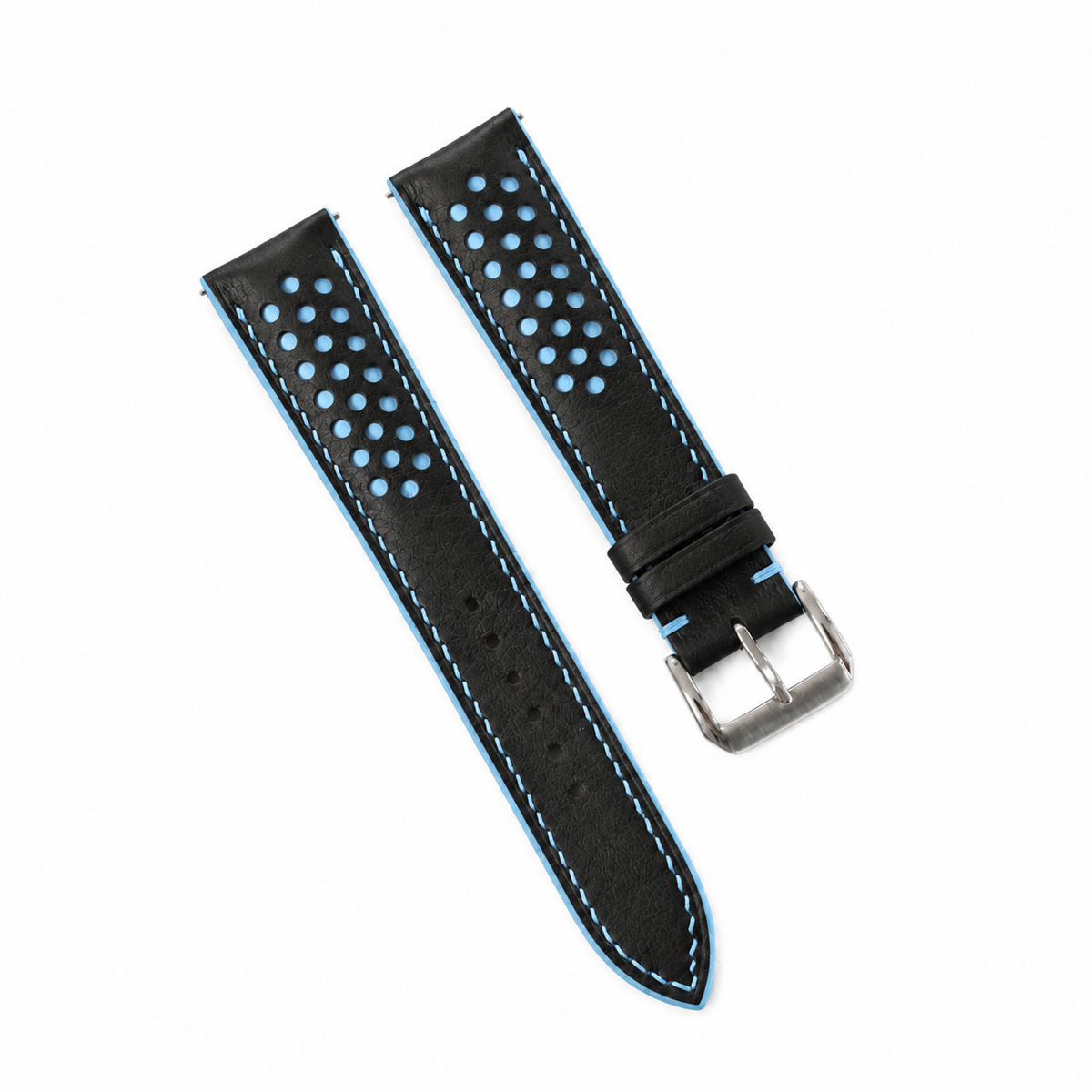 Black and Light Blue Racing Holes Rally Swift Leather Watch Strap - side profile light blue edge