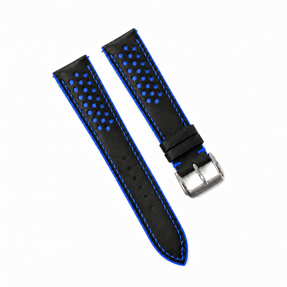 Black and Blue Racing Holes Rally Swift Leather Watch Strap - assembled on buckle