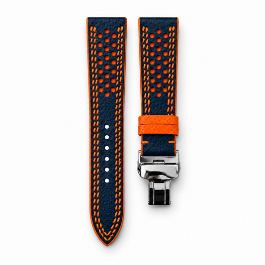 Navy and Orange Racing Holes Rally Epsom Leather Watch Strap - Orange Double Stitch - hero