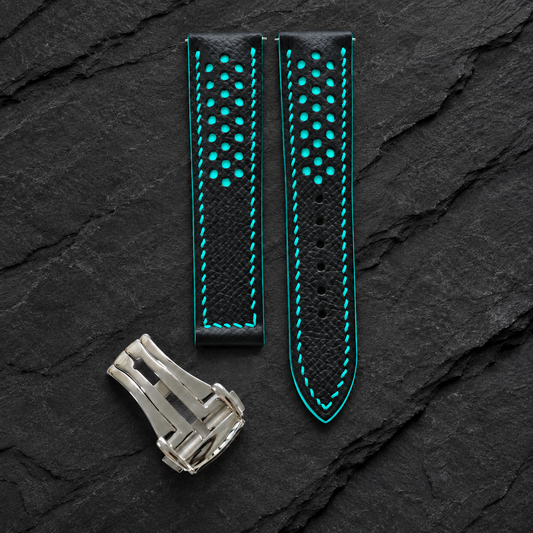 Deployant Black Turquoise Racing Rally Epsom Leather Watch Strap - hero