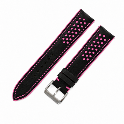 Black and Pink Racing Holes Rally Swift Leather Watch Strap - side profile