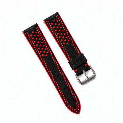 Black and Red Racing Holes Rally Swift Leather Watch Strap - Double Stitch - side profile