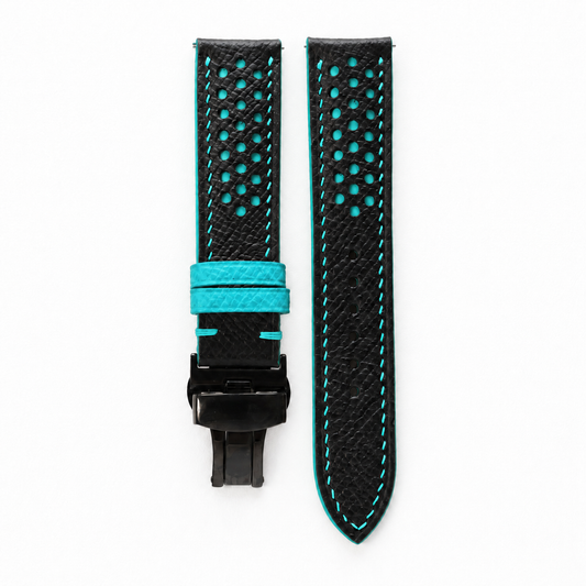 Black and Turquoise Racing Holes Rally Epsom Leather Watch Strap - Turquoise Keeper - hero