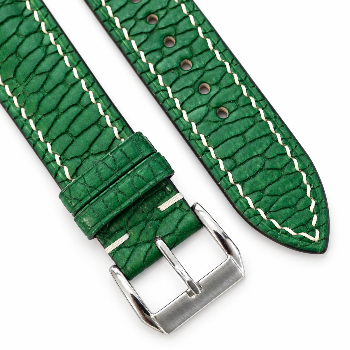 Emerald Green Beaver Tail Leather Watch Strap - buckle and tip detail