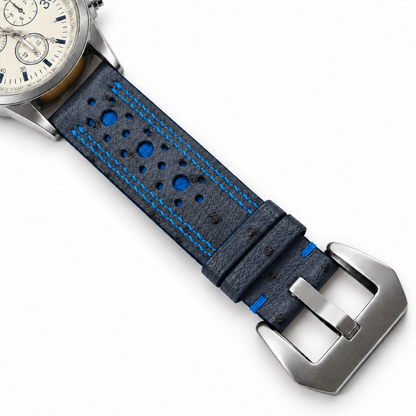 Midnight Navy and Blue Ostrich Racing Large Holes Leather Watch Strap - Double Stitch - detail 8