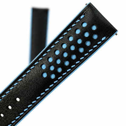 Black and Light Blue Racing Holes Rally Swift Leather Watch Strap - assembled on buckle