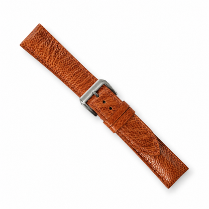 Padded Golden Cognac Small Scale Ostrich Leg Leather Watch Strap - assembled on buckle