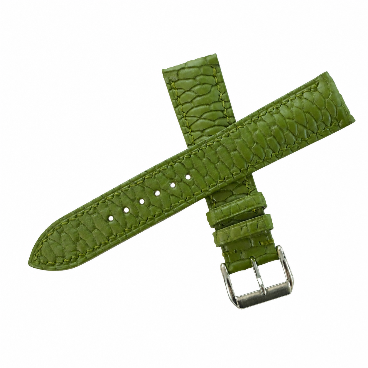 Olive green beaver tail watch strap, crossed halves showing the scaled texture
