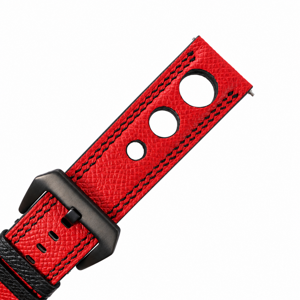 Red 3 Holes Rally Epsom Leather Watch Strap - black buckle and holes
