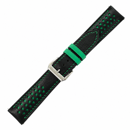 Black and green racing rally Swift watch strap, angled view with brushed steel buckle