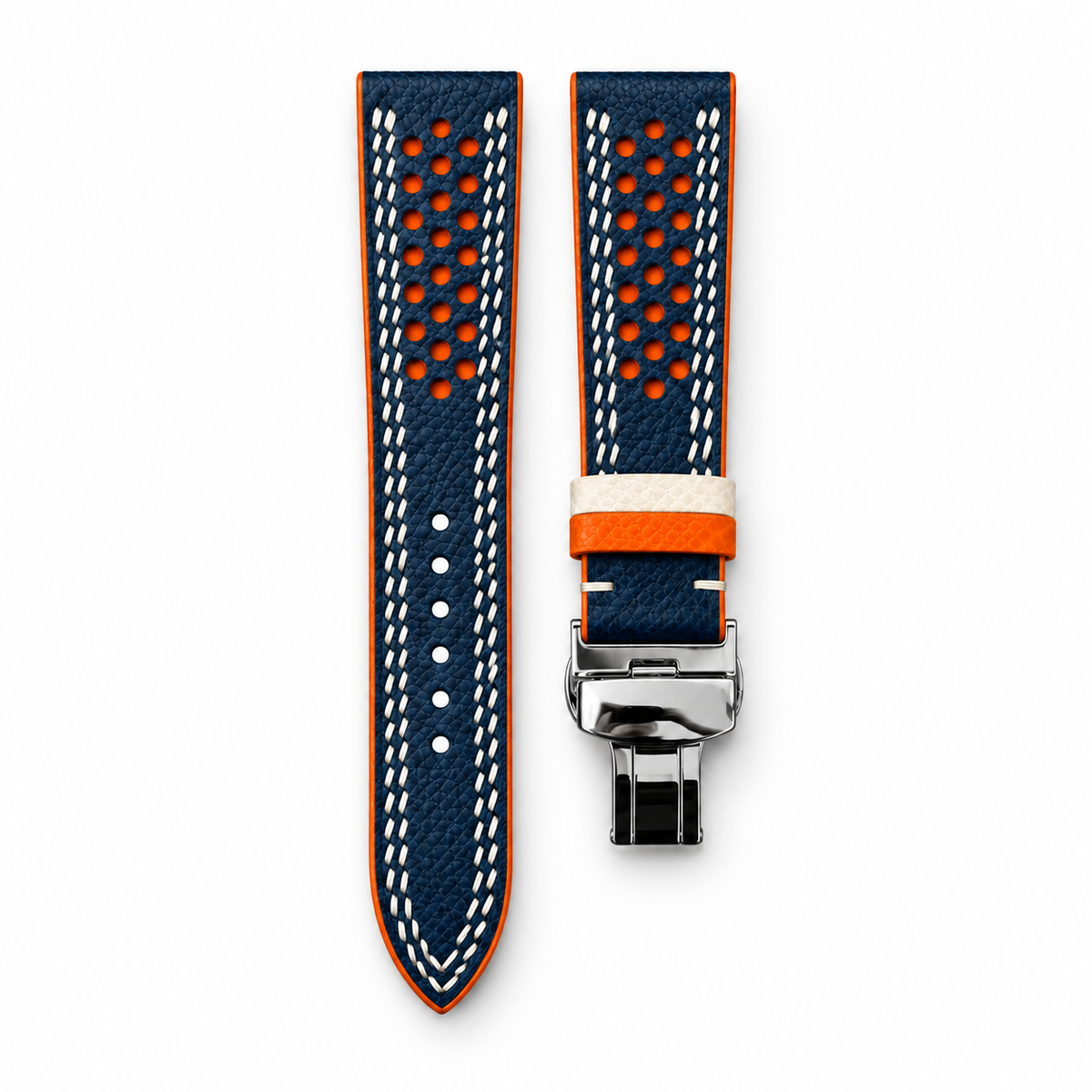 Navy and Orange Racing Holes Rally Epsom Leather Watch Strap - Double Stitch - hero