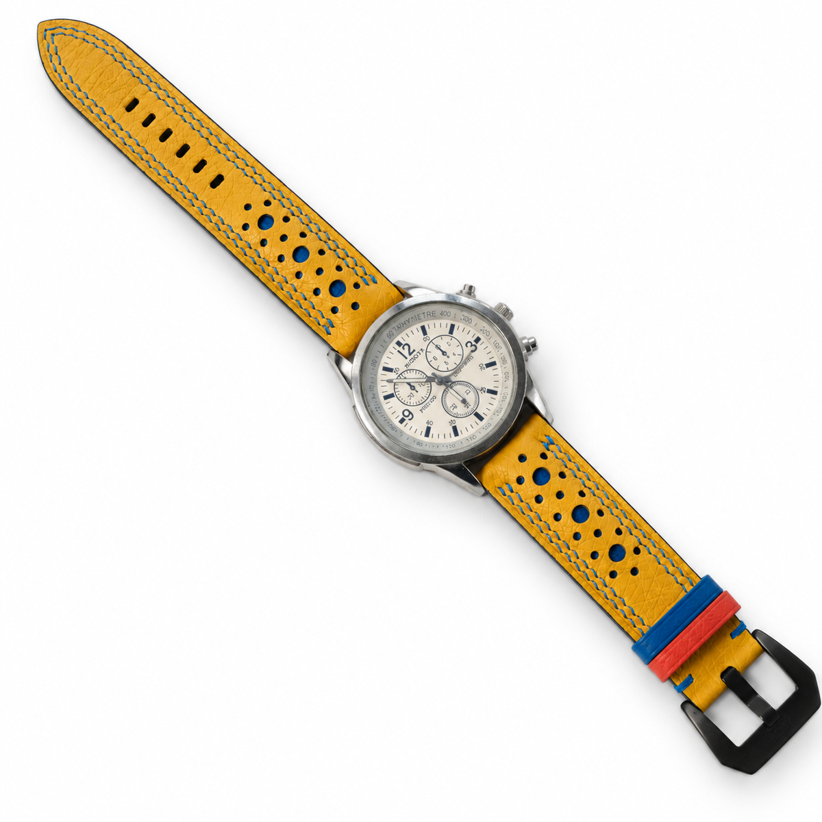 Yellow Ostrich Racing Large Holes Leather Watch Strap - on watch