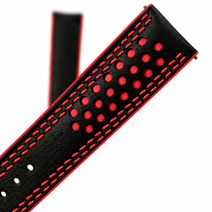 Black and Red Racing Holes Rally Swift Leather Watch Strap - Double Stitch - racing holes red underlay macro