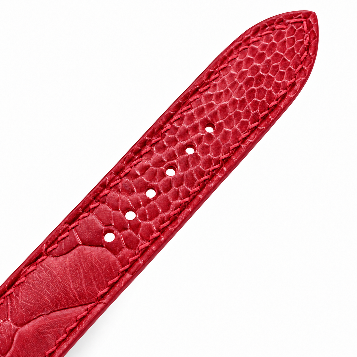 Red Ostrich Leg Leather Watch Strap - assembled on buckle