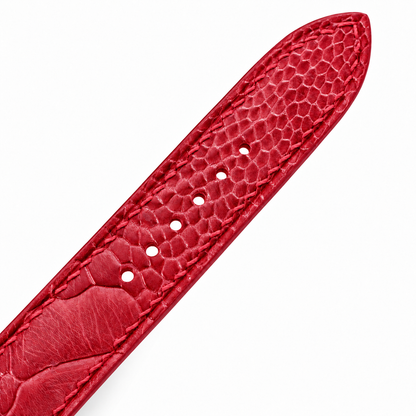 Red Ostrich Leg Leather Watch Strap - assembled on buckle