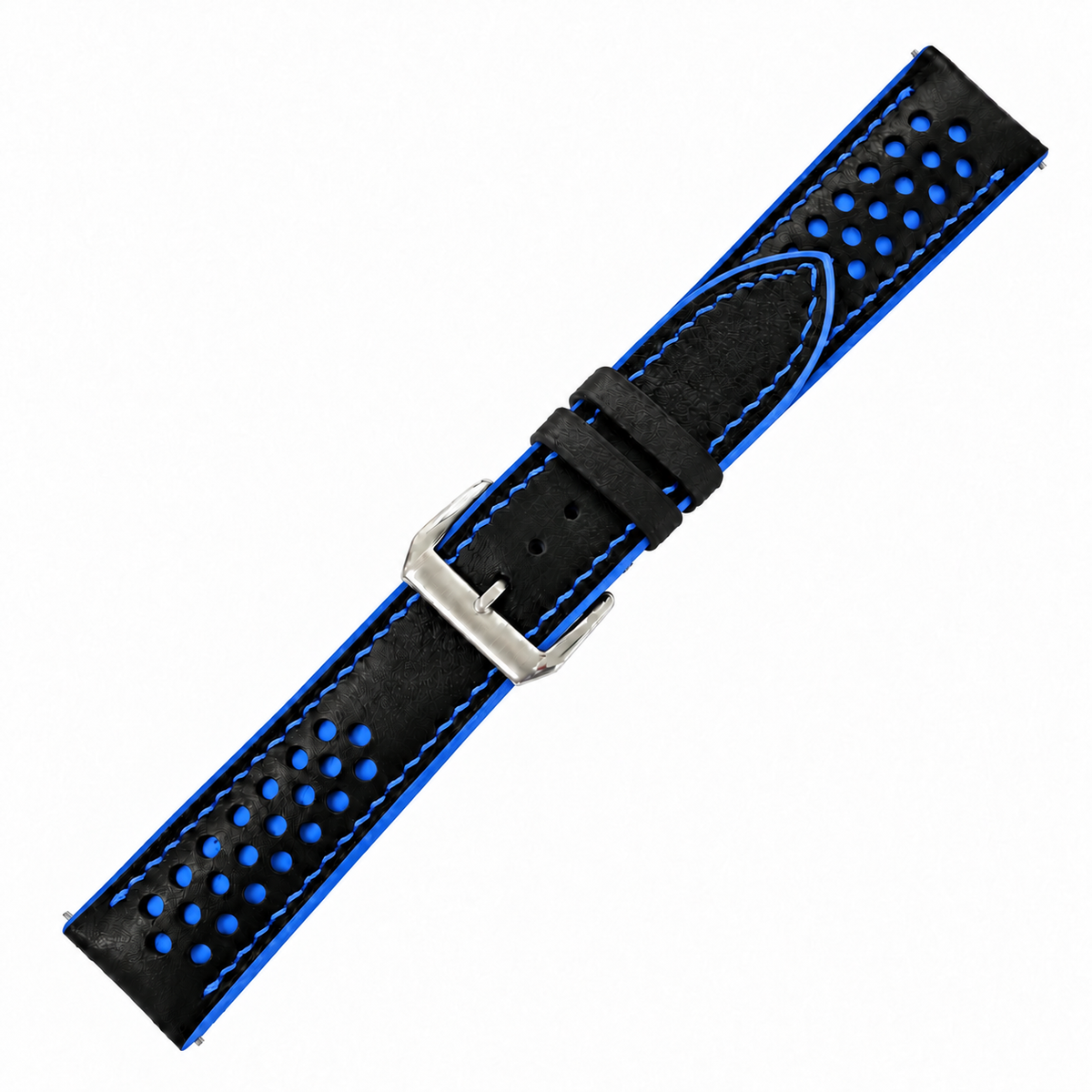 Black and Blue Racing Holes Rally Swift Leather Watch Strap - blue stitch detail