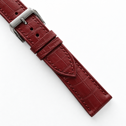 Burgundy Alligator Leather Watch Strap - Tonal Stitch - tonal burgundy stitch detail