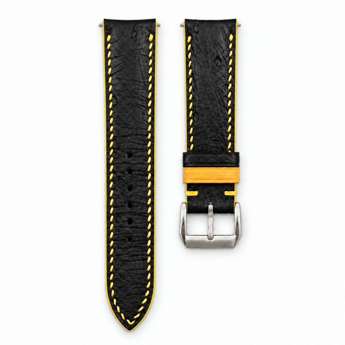 Black Ostrich Leather Watch Strap - Yellow Stitch - buckle and keeper yellow edge