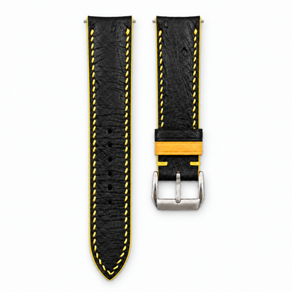 Black Ostrich Leather Watch Strap - Yellow Stitch - buckle and keeper yellow edge