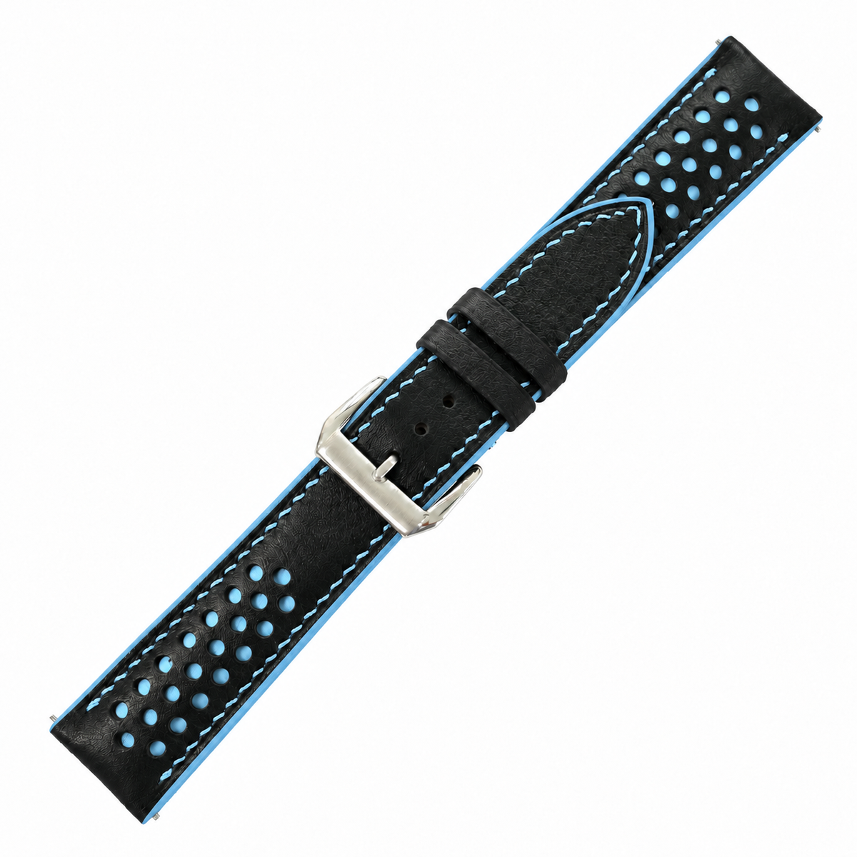 Black and Light Blue Racing Holes Rally Swift Leather Watch Strap - topside racing holes macro