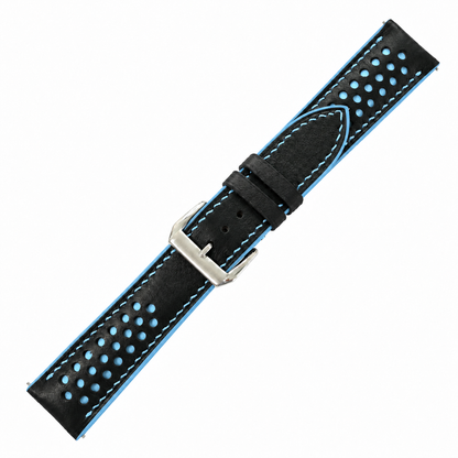 Black and Light Blue Racing Holes Rally Swift Leather Watch Strap - topside racing holes macro