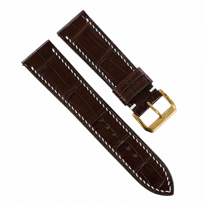 Mahogany brown alligator watch strap with gold buckle, angled view