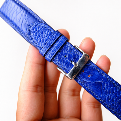 Blue Ostrich Leg leather watch strap detail