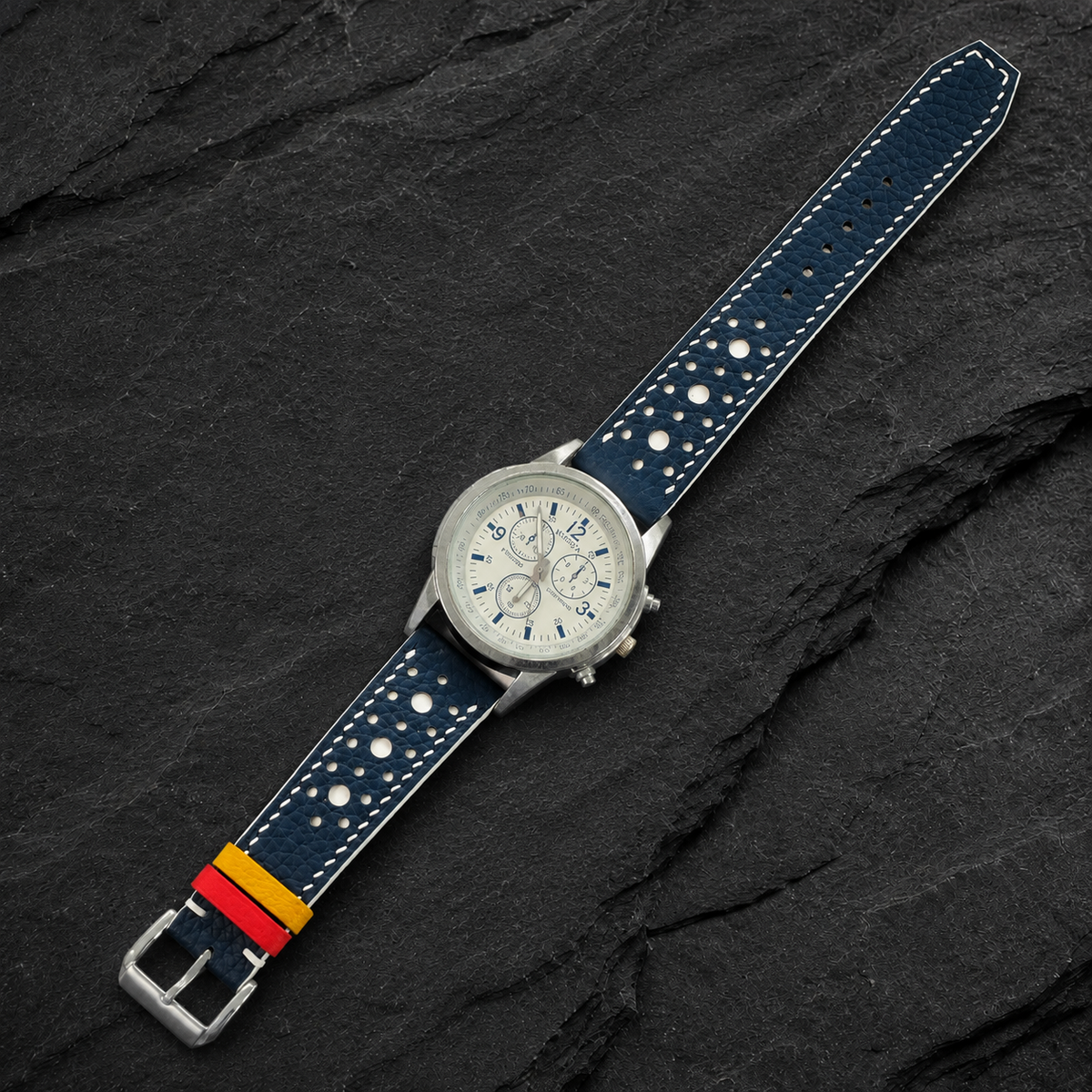 Navy and white large-hole racing rally Togo watch strap fitted on a chronograph watch