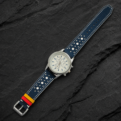 Navy and white large-hole racing rally Togo watch strap fitted on a chronograph watch