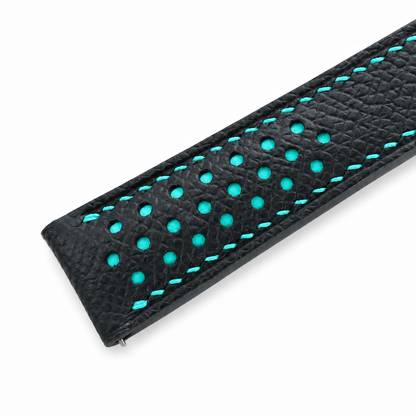 Deployant Racing Rally Black and Turquoise Epsom Leather Watch Strap - two piece diagonal
