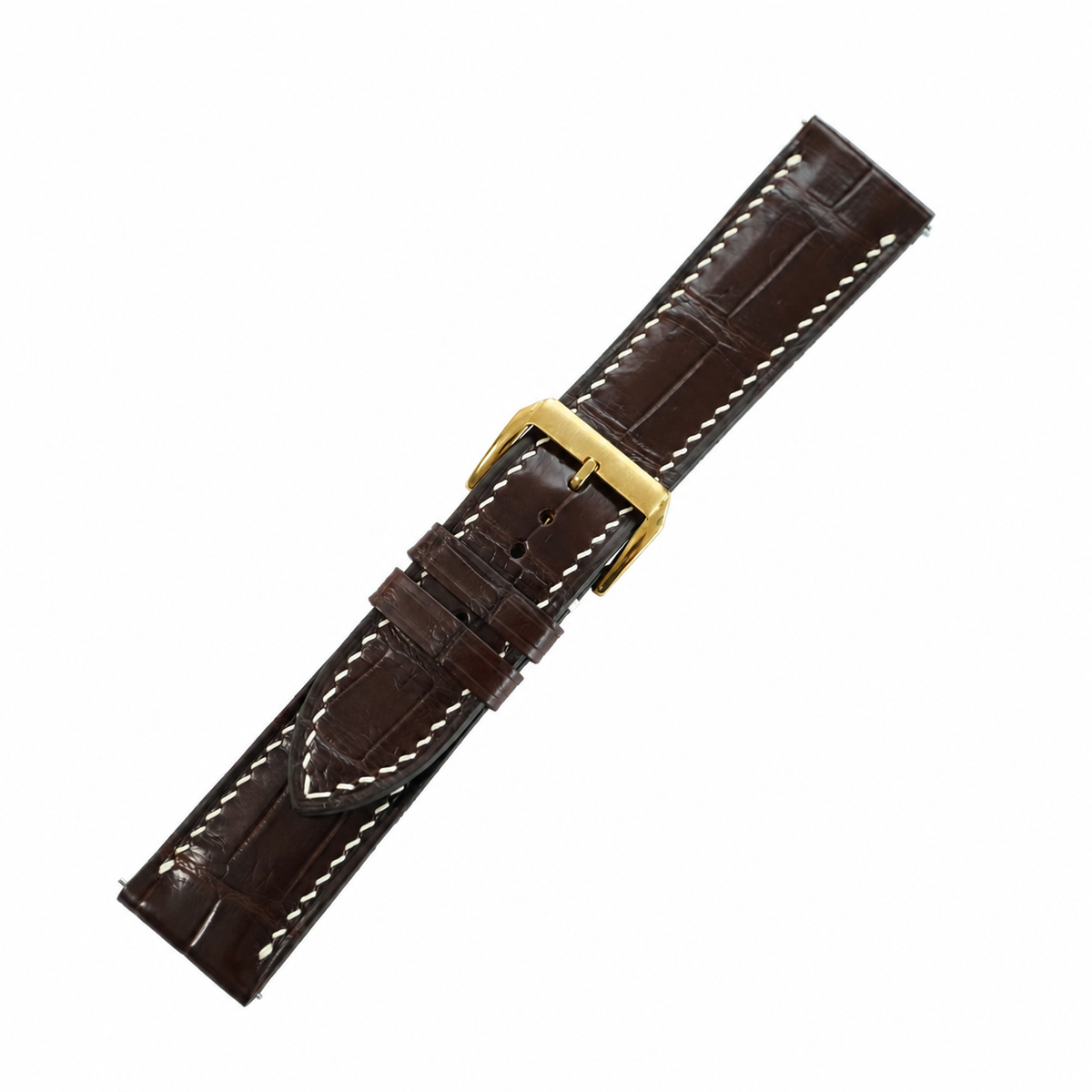 Mahogany brown alligator watch strap, buckle and taper detail
