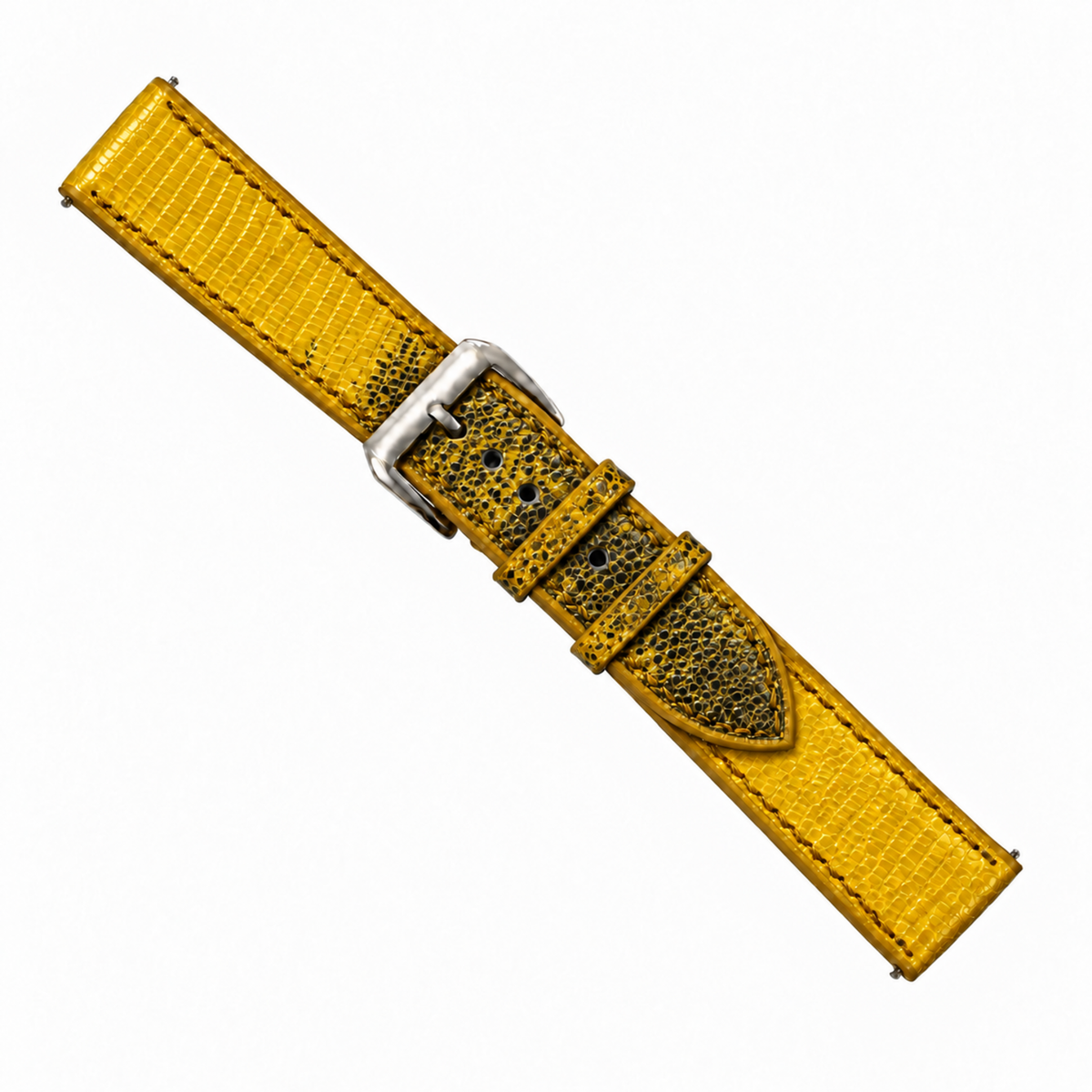 Yellow Black Lizard Leather Watch Strap - assembled on buckle